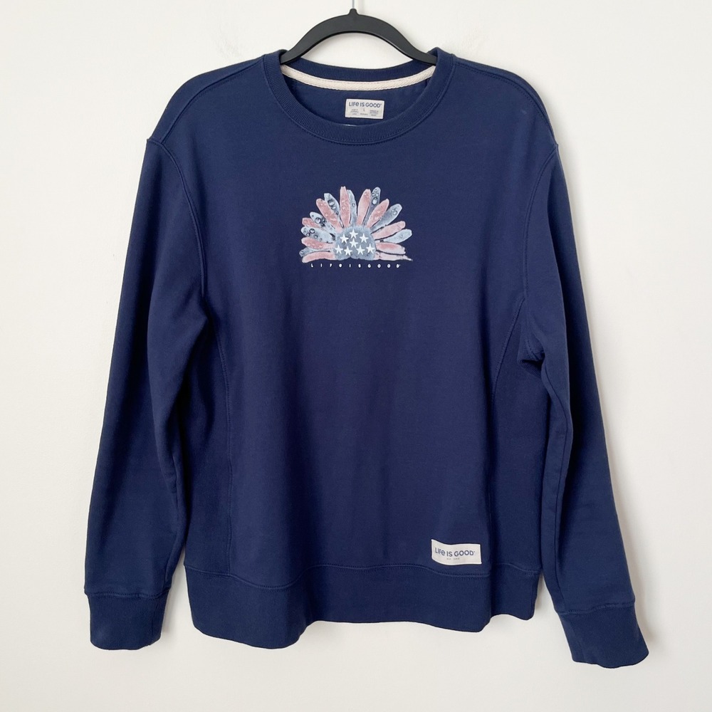 Life is Good‎ USA Daisy Simply True Fleece Crew Sweatshirt Womens Large Blue